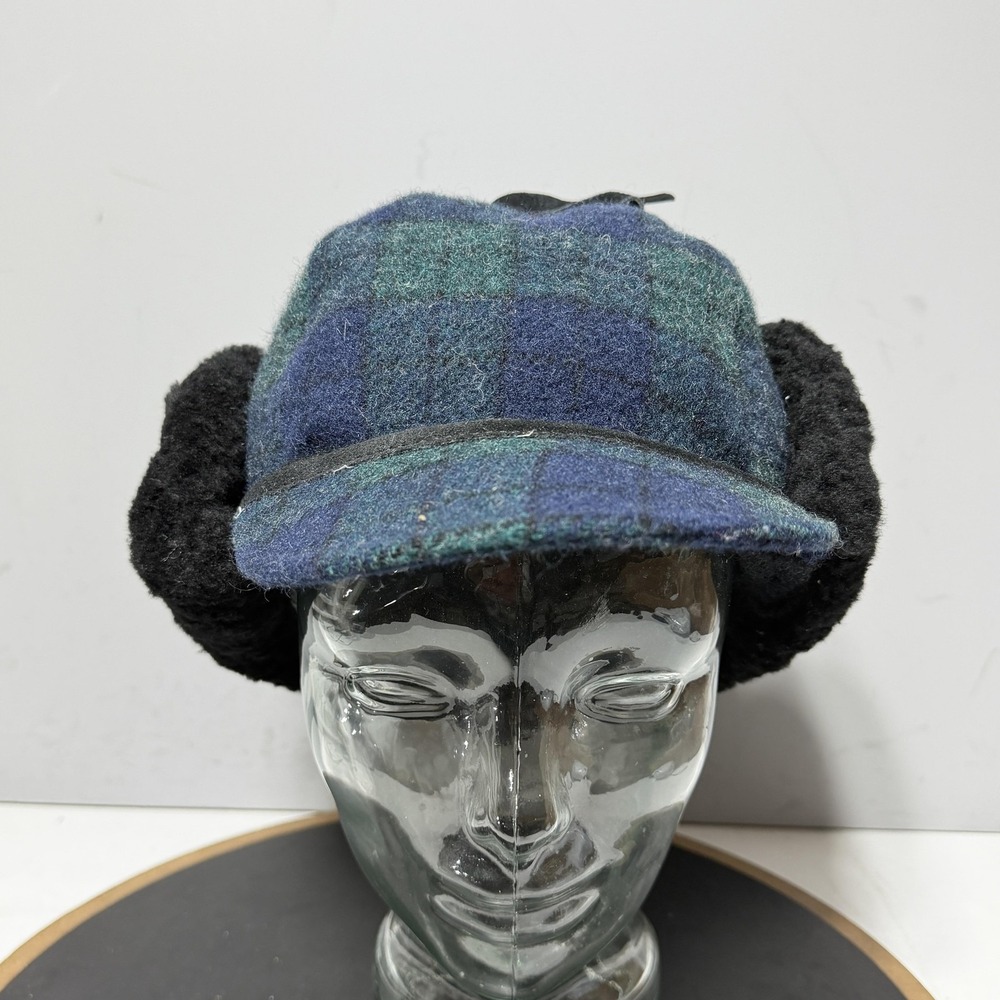 VTG Buffalo Plaid Wool Hat Trapper Fitted Large Blue Green Ear Flap Winter USA